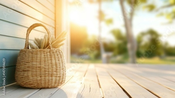 Fototapeta A charming wicker basket filled with gentle grasses is positioned against a sunlit background, offering an elegant touch to indoor decor while highlighting the beauty of simplicity.