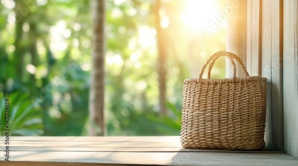 Fototapeta A woven basket sits peacefully on a wooden surface, surrounded by rich greenery and dappled sunlight, symbolizing the serenity and connection to nature that inspires calm feelings.