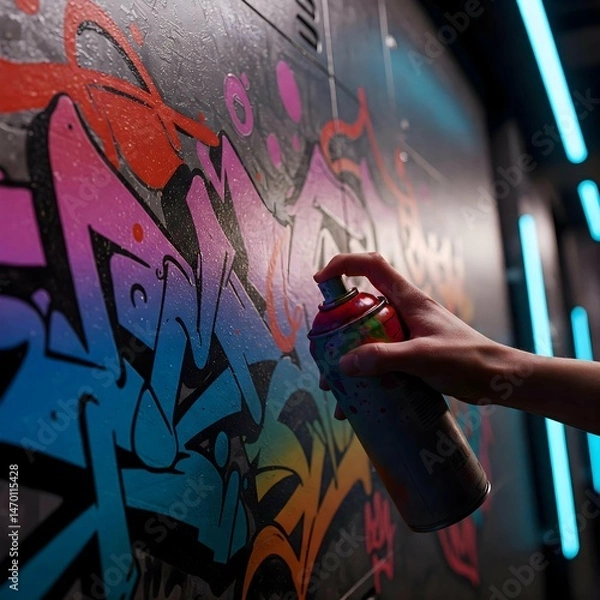 Obraz Close up of hand holding spray can spraying red and white paint onto wall covered in colorful graffiti art