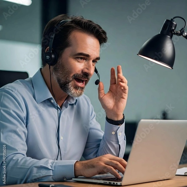 Fototapeta Support service worker man with headset laptop talking using video call advises customers consumers business meeting remote conference office workplace