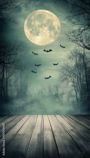 Obraz Halloween background in a creepy forest with an empty wooden stage
