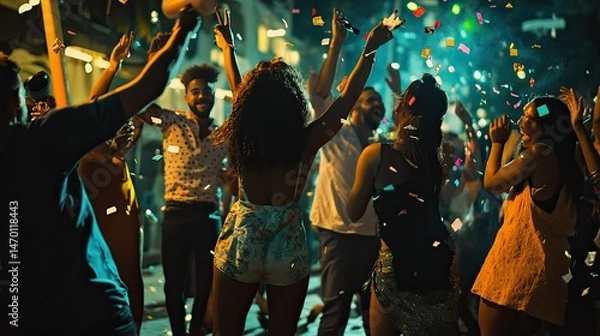 Obraz A diverse group of four friends joyfully celebrating outdoors, with confetti or flower petals falling around them.