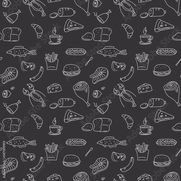 Obraz Grocery seamless pattern. Food texture, wallpaper template for restaurant, print or cafe. Hand drawn food sketch white icons on blackboard. Doodle chalk design,