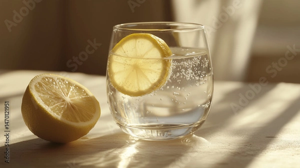Fototapeta Refreshing lemon water in a glass with slice against soft light  