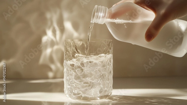Fototapeta Refreshing water being poured into a glass against a soft backdrop  