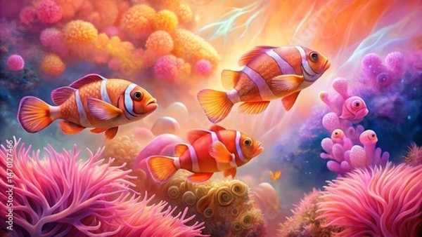 Fototapeta Vibrant Reef Scene Featuring Three Orange and White Clownfish Swimming Amidst Lush Coral and Anemone