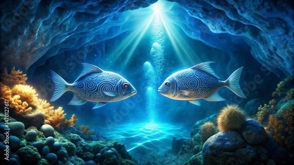 Fototapeta Enchanted Underwater Cave with Ornate Fish Facing Each Other in a Serene Aquatic Setting