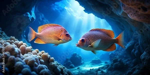 Fototapeta Oceanic Duo Two Spotted Fish Encounter in a Sunlit Coral Cave