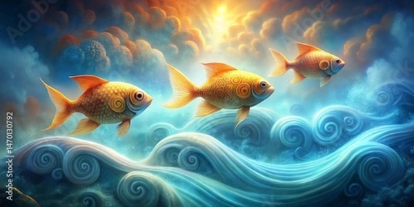 Fototapeta Golden Fish Swimming Through Whimsical Ocean Waves Under a Bright, Heavenly Glow