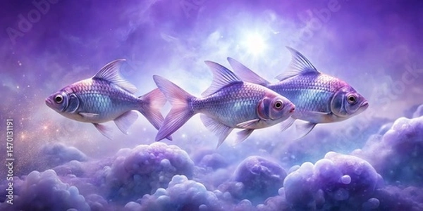 Fototapeta Ethereal Aquatic Trio Three iridescent fish gracefully glide through a dreamscape of lavender clouds and shimmering cosmic dust.
