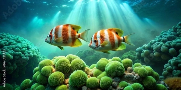 Fototapeta Oceanic Paradise Two vibrant fish gracefully swim amidst a lush underwater coral reef, bathed in the soft glow of sunlight filtering through the water's surface.