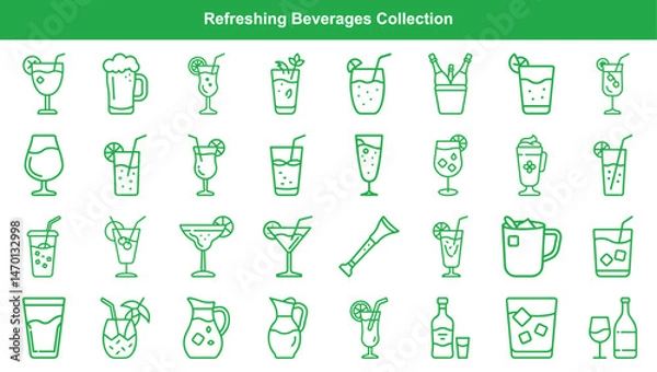 Obraz Drinks and Beverages Variety Displayed Through Green Outline Icons on a White Backdrop