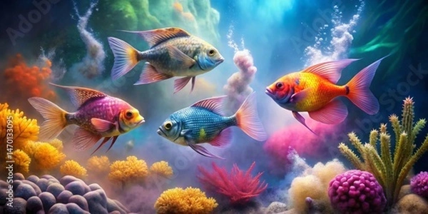 Fototapeta Vibrant aquatic life thrives in a colorful underwater paradise, showcasing diverse fish species amidst a lush coral reef environment.