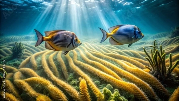 Fototapeta Sunlit Reefscape Two Elegant Striped Fish Gracefully Glide Through a Vibrant Underwater Meadow of Golden Seaweed