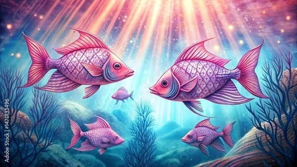 Fototapeta Enchanted Underwater Realm Two Majestic Pink Fish with Finely Detailed Scales, Gracefully Swimming Amidst Vibrant Coral and Serene Underwater Light Beams