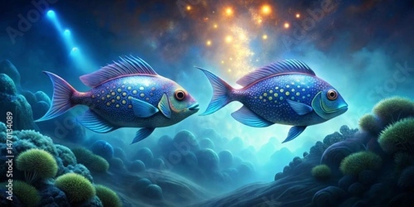 Fototapeta Two Vibrant Aquatic Creatures Swim Gracefully Through an Ethereal Underwater Landscape Illuminated by Mysterious Lights
