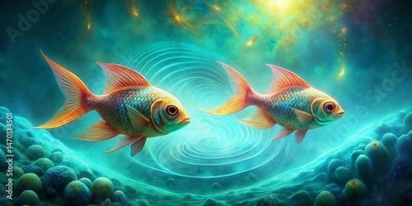 Fototapeta Two iridescent fish swim in a swirling underwater vortex, ethereal glow surrounds them, a vibrant fantasy scene
