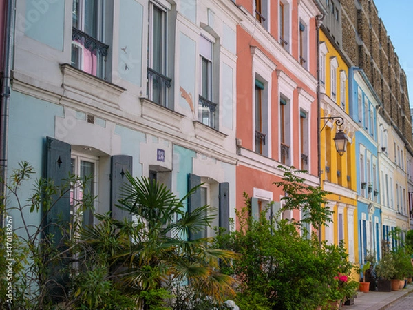Fototapeta La rue Crémieux dans les rues de Paris en France, avec ses maisons colorées 