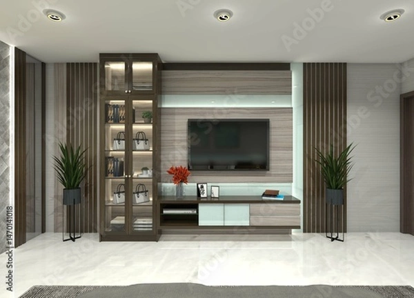 Fototapeta 3D design idea for a TV cabinet suitable for living room or bedroom interiors.