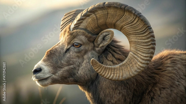 Fototapeta close up portrait of big horn sheep with large horns