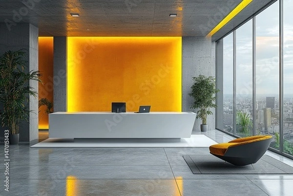 Fototapeta Modern office reception area with bold yellow accent wall.