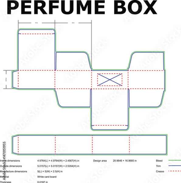 Fototapeta Detailed blueprint for perfume box packaging die cut design showing dimensions and manufacturing specifications