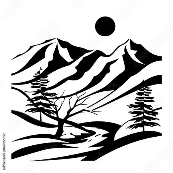 Fototapeta Exploring Zion National Park through a minimalist icon depicting iconic mountains and trees in a serene landscape