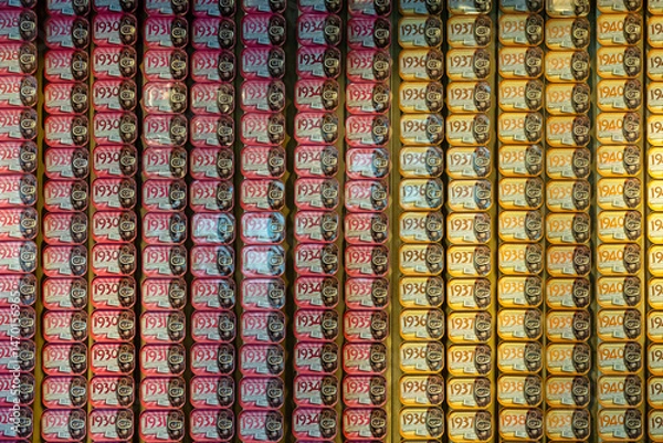 Fototapeta Colorful Vintage Sardine Can Display in Lisbon Shop