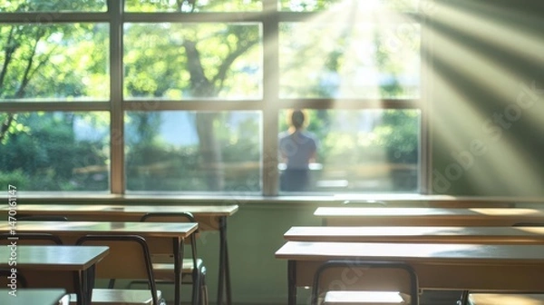 Obraz Abstract composition of light rays through classroom window onto desks, with a teacher in blur