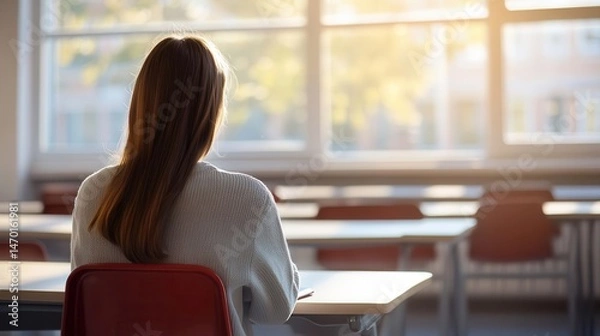Fototapeta Soft focus image of a teacher sitting at a desk by the window with bright daylight in a quiet classroom