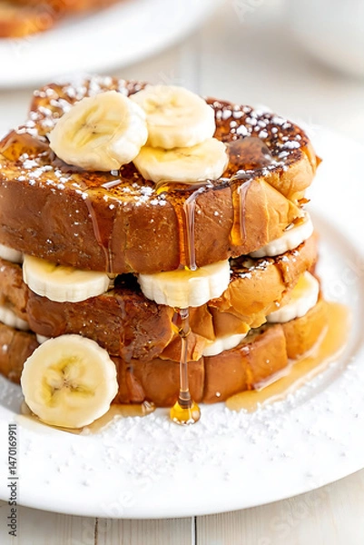 Fototapeta Delicious Stack of French Toast with Bananas, Whipped Cream, and Honey Drizzle