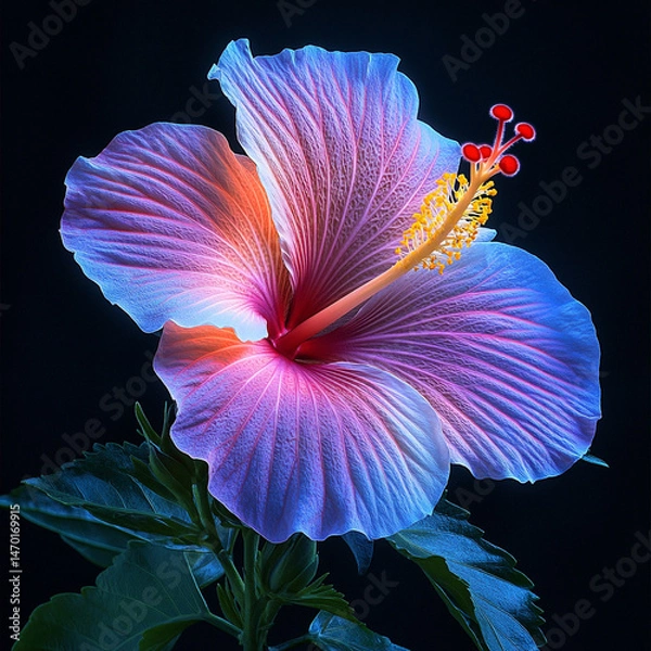 Obraz A stunning hibiscus flower blooms in soft neon pink and purple lighting, contrasted by vibrant green foliage. The black-to-teal gradient background enhances its elegance