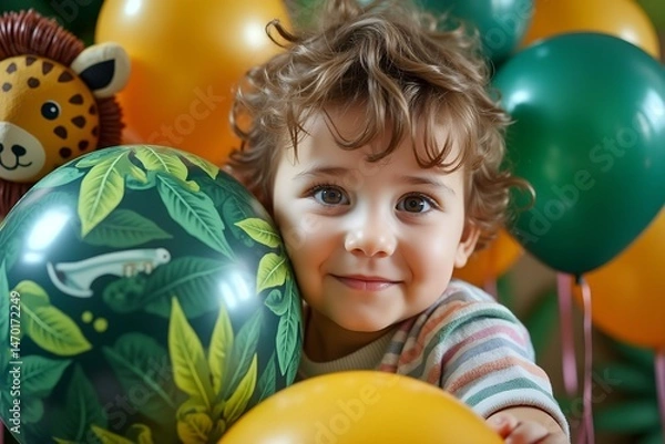 Obraz Happy child playing with colorful balloons against a festive background  