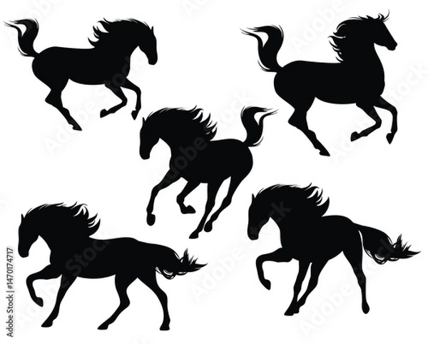 Obraz set of running free thoroughbred horses or mustangs - detailed realistic animal black and white vector silhouette set
