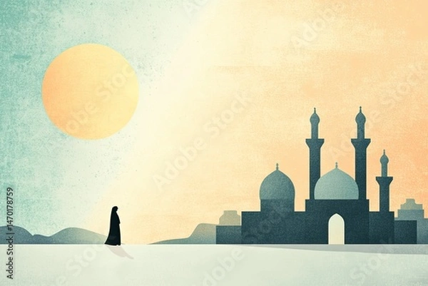 Obraz Muslim woman in abaya walking in front of mosque silhouette under warm morning sky in desert scene