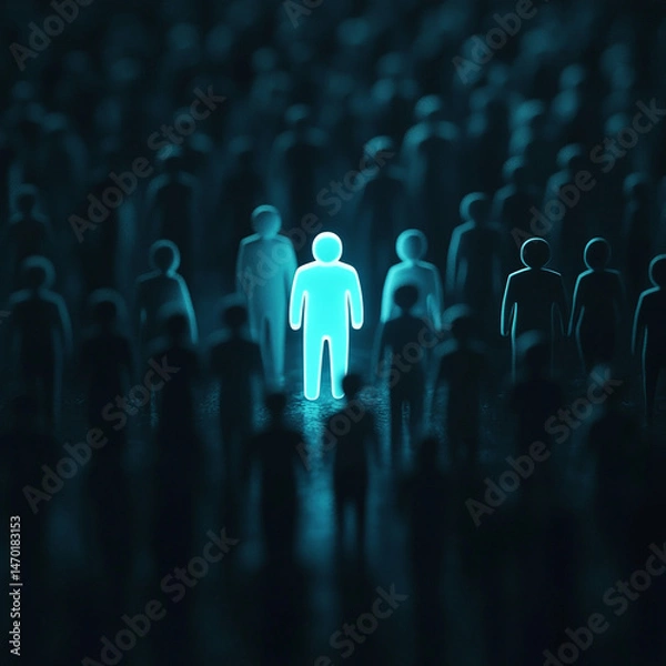Obraz Be Different 3D Concept, One Man Icon Glowing Among Other People in Dark Condition