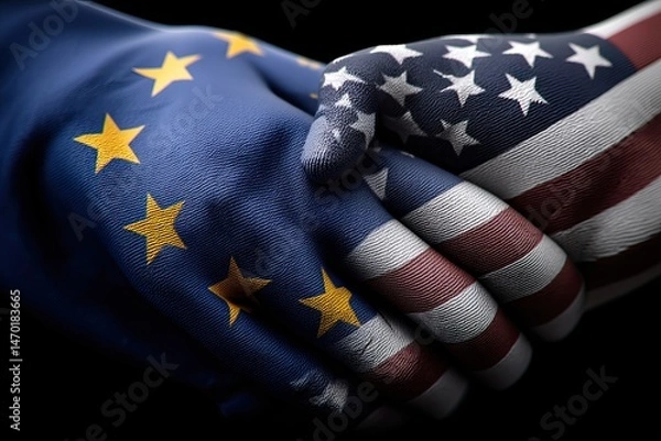 Fototapeta US and EU Flags as Shaking Hands Generative AI