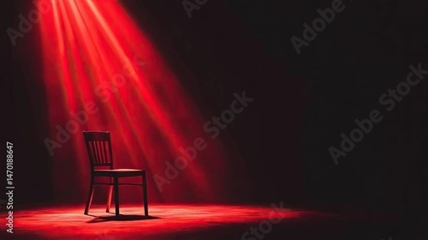 Obraz Red light illuminates single chair, dark room.