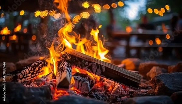 Fototapeta A close-up of the flames in an outdoor campfire, with scattered wood and embers around it. The fire is a warm orange-brown against a cool black background. In blurred focus behind, there is a wooden 