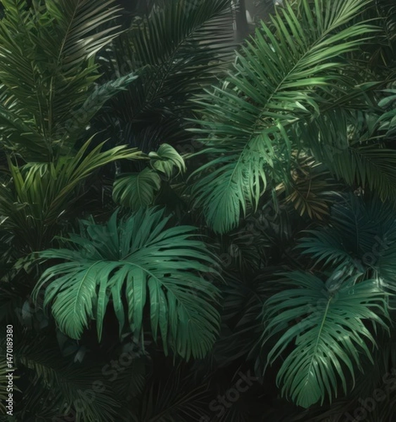 Fototapeta Deep emerald palm leaves, rich shadows, exotic tropical setting ,  plant,  lush