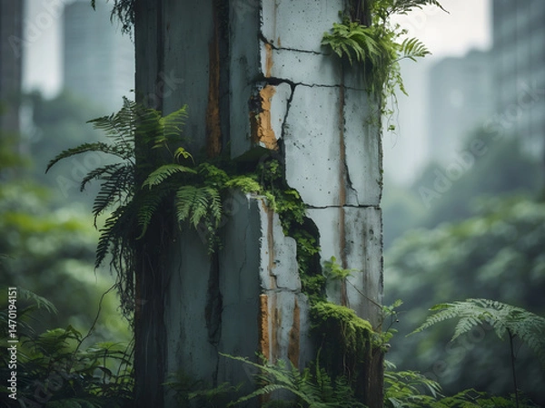 Fototapeta Reclaimed by Nature: A weathered concrete pillar, embraced by lush greenery, stands resilient amidst an urban backdrop. A striking depiction of nature's relentless spirit.