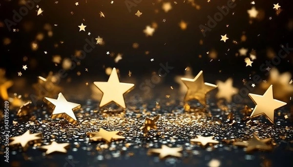 Fototapeta A dark background with golden stars scattered across the scene, creating an atmosphere of celebration and success. The star shapes add to its festive feel, 