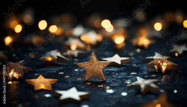 Fototapeta A dark background with golden stars scattered across the scene, creating an atmosphere of celebration and success. The star shapes add to its festive feel, 