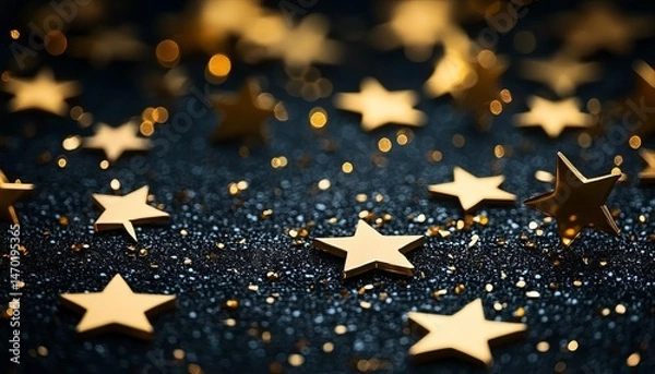 Fototapeta A dark background with golden stars scattered across the scene, creating an atmosphere of celebration and success. The star shapes add to its festive feel, 