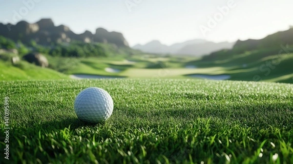 Fototapeta A 4K photo of golf ball on a tee, surrounded by lush greens and a distant hole. The clear sky enhances the calm, focused vibe of this peaceful golf course setting.