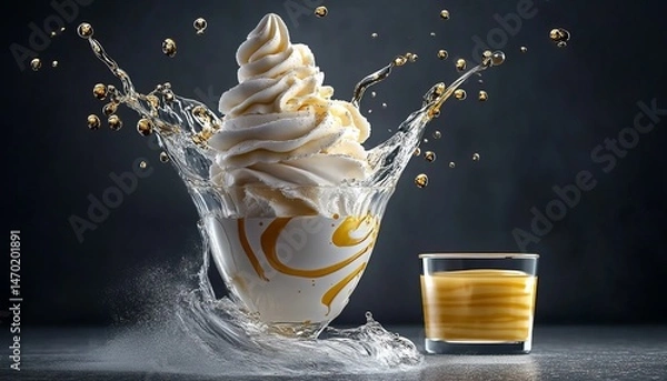 Fototapeta Whipped cream swirls and creamy textures, an ice cream-filled glass cup, a liquid explosion, commercial photography, a solid color background, 