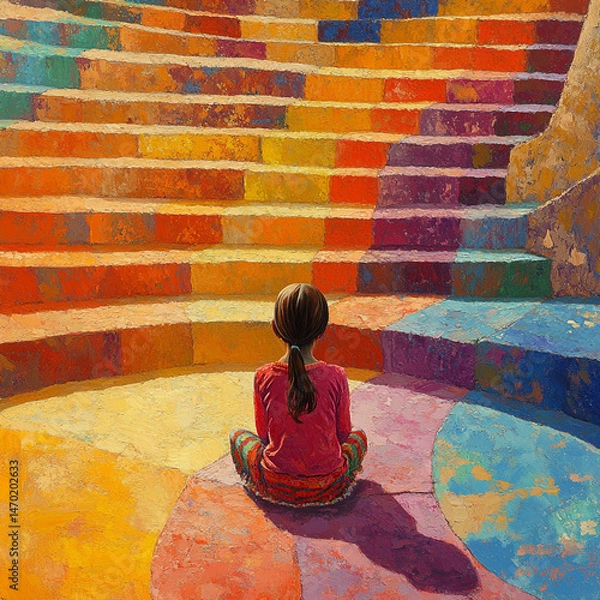 Obraz Child sits facing colorful amphitheater steps