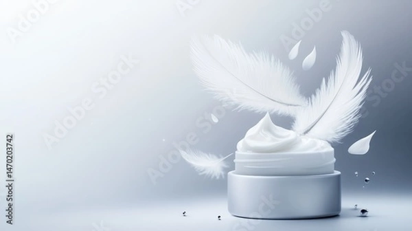 Fototapeta White Cream Jar with Soft Feathers on Gray Background