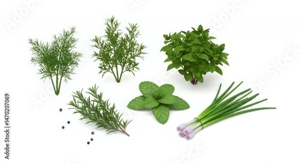 Obraz Fresh Herbs Isometric 3D Rendering on White Background Featuring Rosemary Mint and Chives for Culinary or Decorative Use