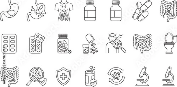Fototapeta Digestion, intestine, stomach, and probiotics editable stroke outline icons set isolated on white background flat vector illustration.
